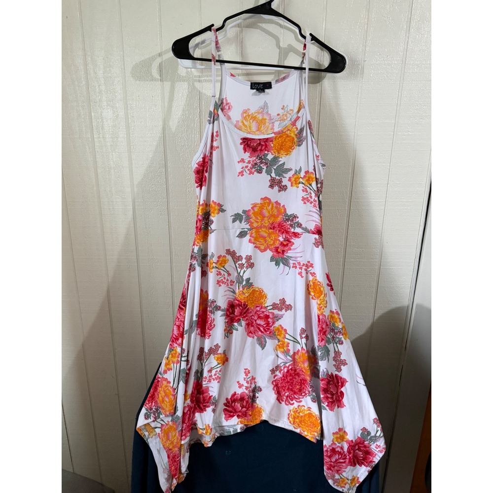 Love Women Floral Handkerchief Hem Sundress White Orange Pink Large